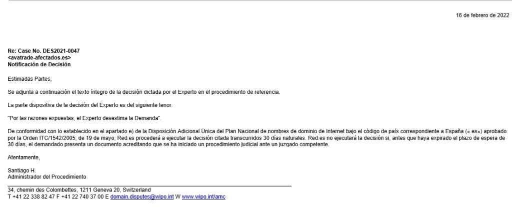 Comunicado de la OMPI (Organización de la Propiedad Intelectual) en donde dice que AVATRADE pierde la demanda solicitando el dominio avatrade-afectados.es