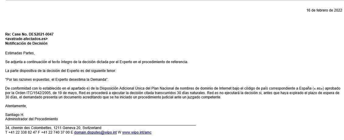 Comunicado de la OMPI (Organización de la Propiedad Intelectual) en donde dice que AVATRADE pierde la demanda solicitando el dominio avatrade-afectados.es