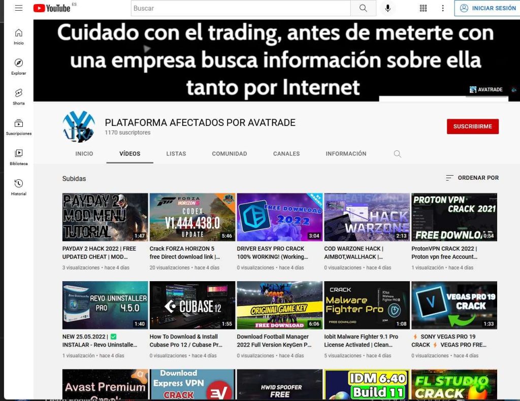 Canal YouTube de la PLATAFORMA DE AFECTADOS POR AVATRADE HACKEADO