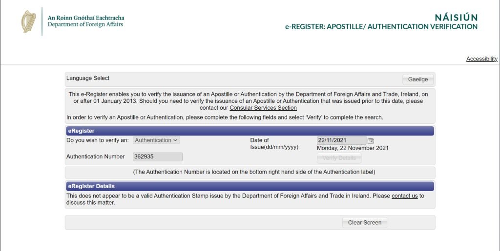 Apostilla de la Haya no válida por el número de verificación