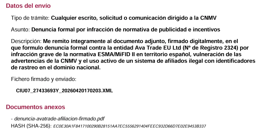 Denuncia contra AvaTrade en la CNMV 3 Denuncia contra AvaTrade en la CNMV