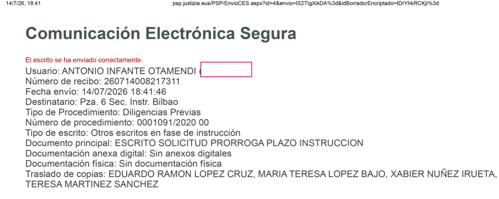 Ava Trade Opiniones: Solicitada Prórroga de Instrucción de 6 Meses 2 Justificante de presentacion de la prorroga de instrucción de Ava Trade opiniones de afectados